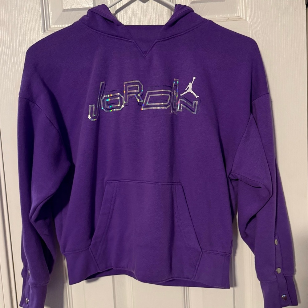 Girls Size Medium Cropped Jordan Purple Hoodie with Holographic Logo